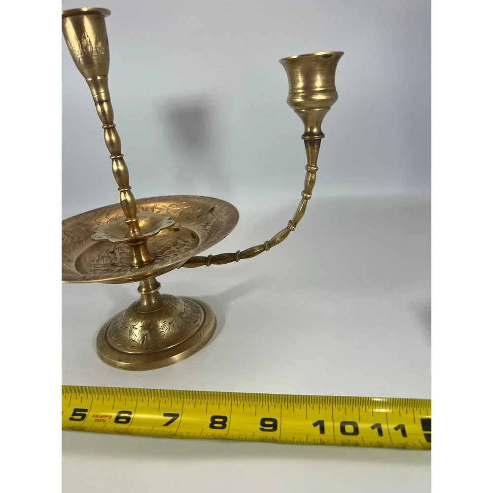 Vintage Etched Brass 3 Arm‎ Candelabra Centerpiece India 9.5 Inch